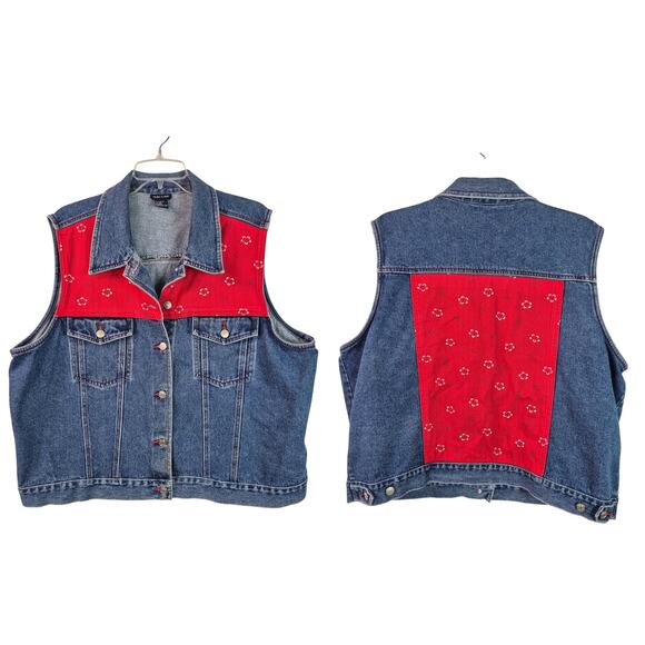 Baccini Blue Denim Red Floral Embellished Vintage Jean Jacket Vest Women's 20 XL - Picture 1 of 3